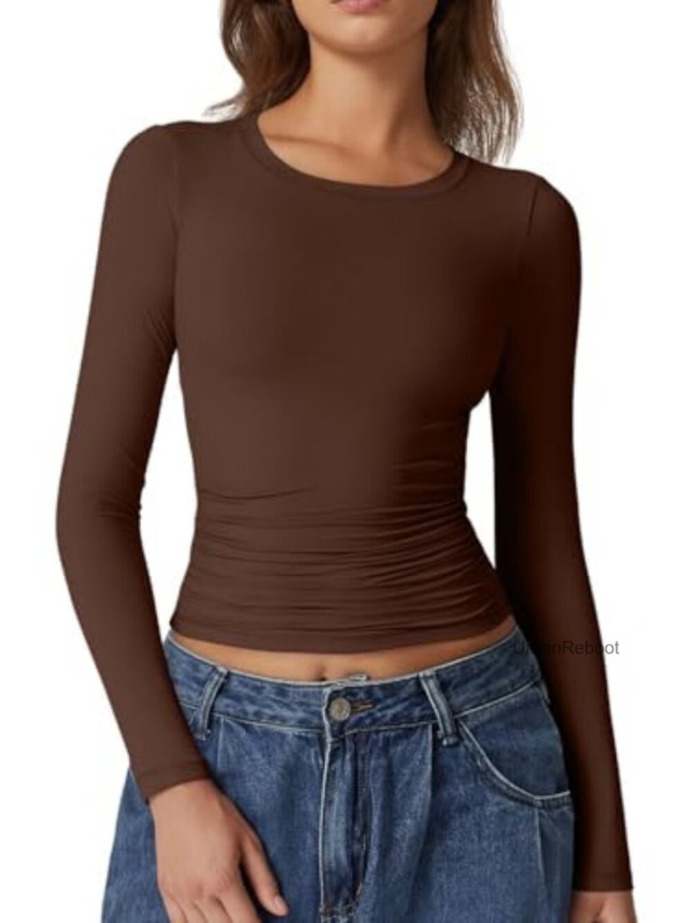 Double Lined Crewneck Long Sleeve Ruched Crop Top Fitted T-Shirt